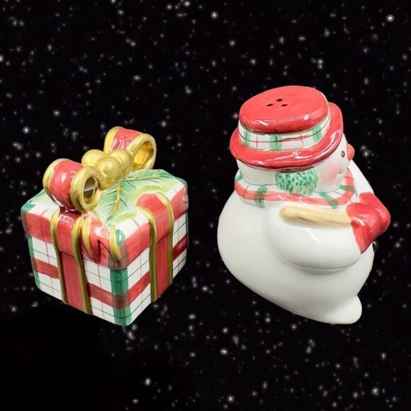 Fitz and Floyd Ceramic Salt & Pepper Shaker Snowman & Gift Present Set W Box vtg - Picture 4 of 6